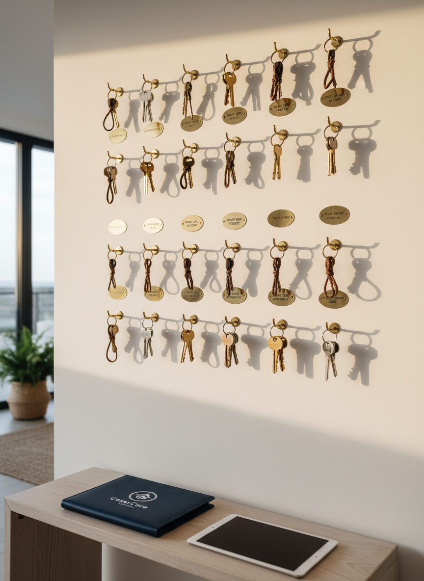 Een elegante sleutelmurenkast in een vakantiewoning aan de kust, met netjes gelabelde metalen haken waaraan verschillende sets huissleutels hangen met gegraveerde labeltjes voor uiteenlopende woningen. Daaronder staat een opgeruimd dressoir met een gesloten map voorzien van het CasaCare Connect-logo en een tablet die in standby staat. Warm middaglicht stroomt door een nabijgelegen raam naar binnen en werpt scherpe schaduwen van de sleutels op een gladde witte muur. Fotorealistische opname, recht van voren gefotografeerd met een uitgebalanceerde compositie en middelgrote scherptediepte, wat een veilige, ordelijke en betrouwbare sfeer oproept die het professionele beheer van meerdere huizen in het buitenland benadrukt.