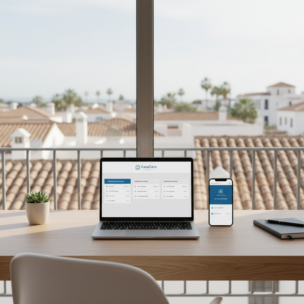 Een opgeruimd houten bureau in een lichte, minimalistische thuiskantoorruimte met uitzicht op een buitenlandse stad met terracottadaken en palmbomen door een groot raam. Op het bureau staat een slanke laptop met een overzichtelijk dashboard van meerdere woningen met onderhoudstaken, kalenderboekingen en status van sleuteloverdracht voor CasaCare Connect. Ernaast toont een smartphone gesynchroniseerde meldingen. Zacht, diffuus daglicht verlicht de scène en creëert een rustige, professionele sfeer. Gefotografeerd vanuit een iets verhoogde hoek met geringe scherptediepte, waarbij de focus op de schermen ligt en het stadszicht zacht is vervaagd, met een realistische, zakelijke uitstraling.